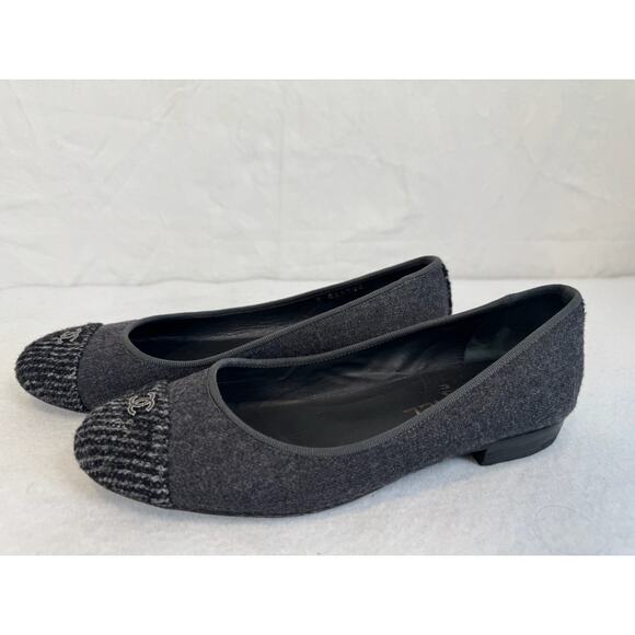 CHANEL Tweed Wool Ballet Flats Gray Size 37.5 Made in Italy - Picture 7 of 11